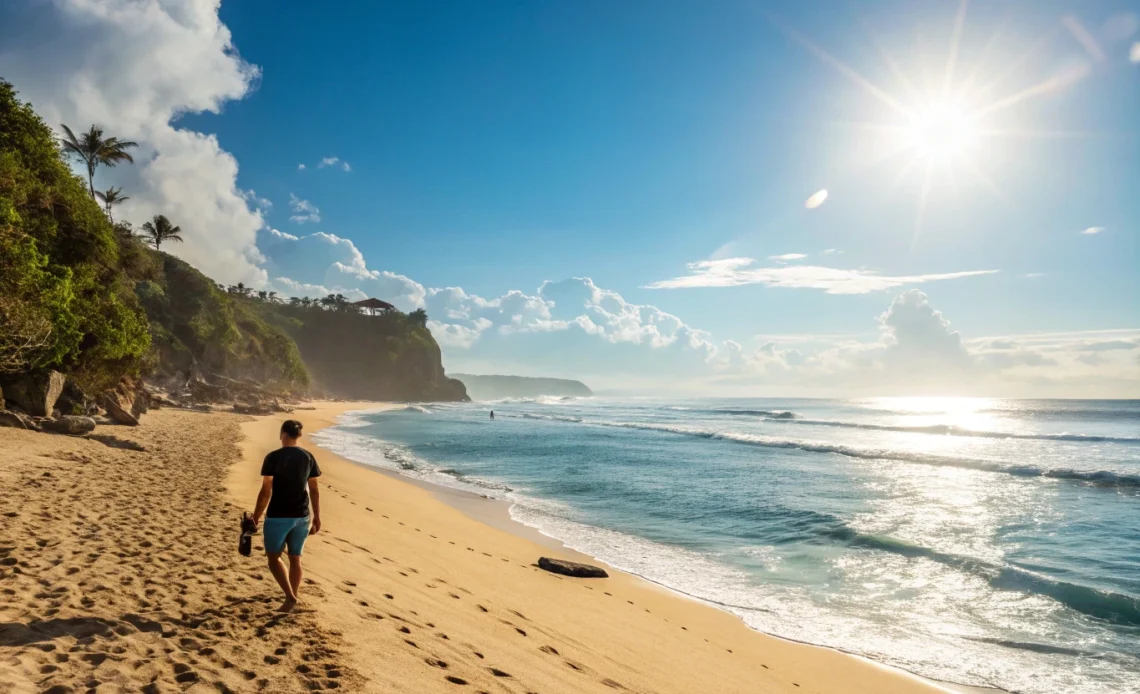 Touriste profitant du soleil sur une plage de Bali.