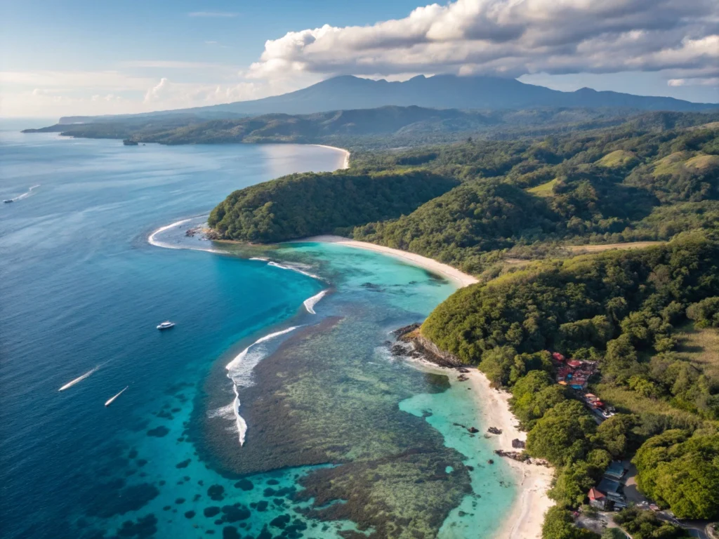 Vue aérienne de Bali avec plages et paysages tropicaux