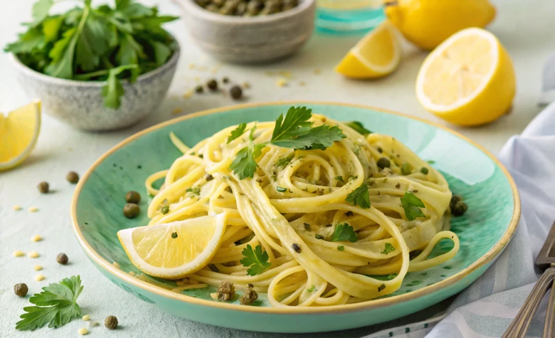 Pâtes au citron garnies de persil et de zestes de citron