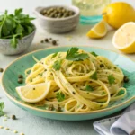 Pâtes au citron garnies de persil et de zestes de citron