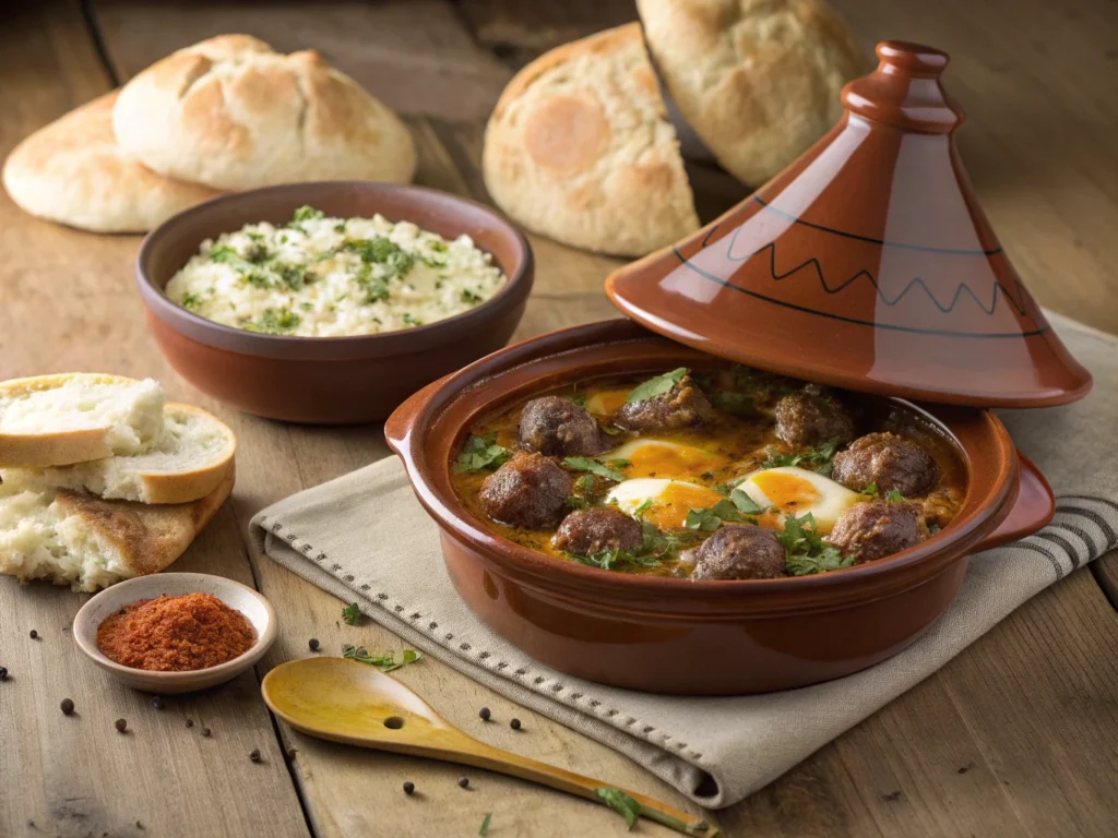 Moroccan tajine with kefta and eggs