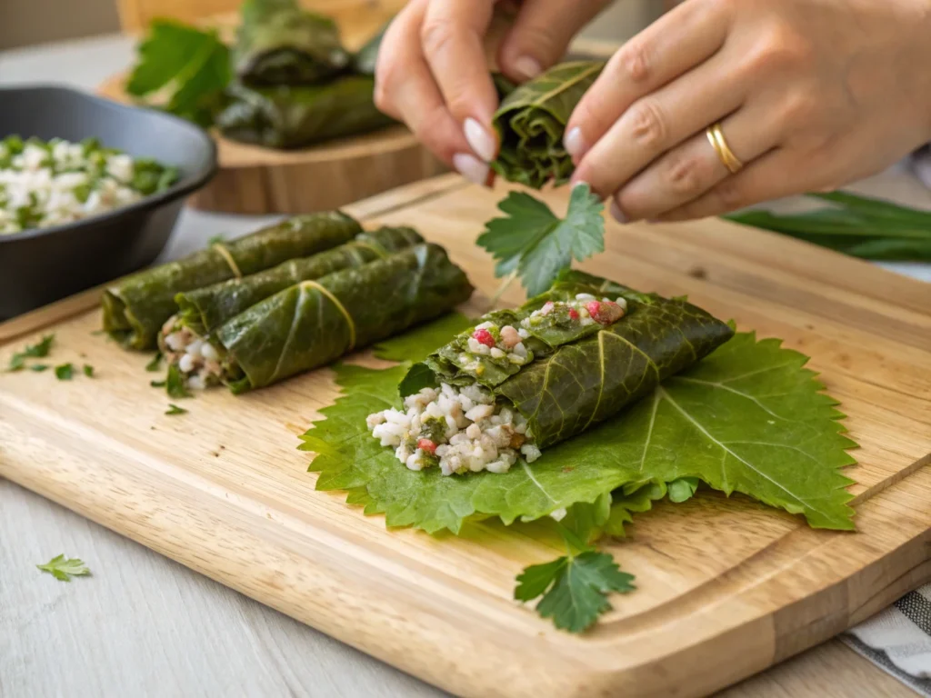 Rouler le Koupepia avec des feuilles de vigne et une farce à l'agneau