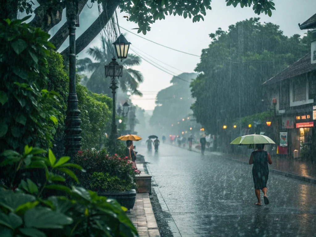 Pluie tropicale à Bali pendant la saison des pluies.