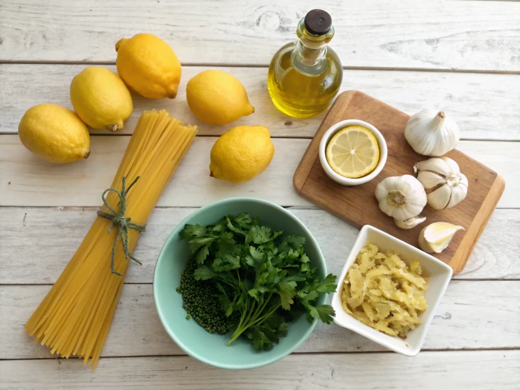 Pâtes au citron garnies de persil et de zestes de citron : ingrédients