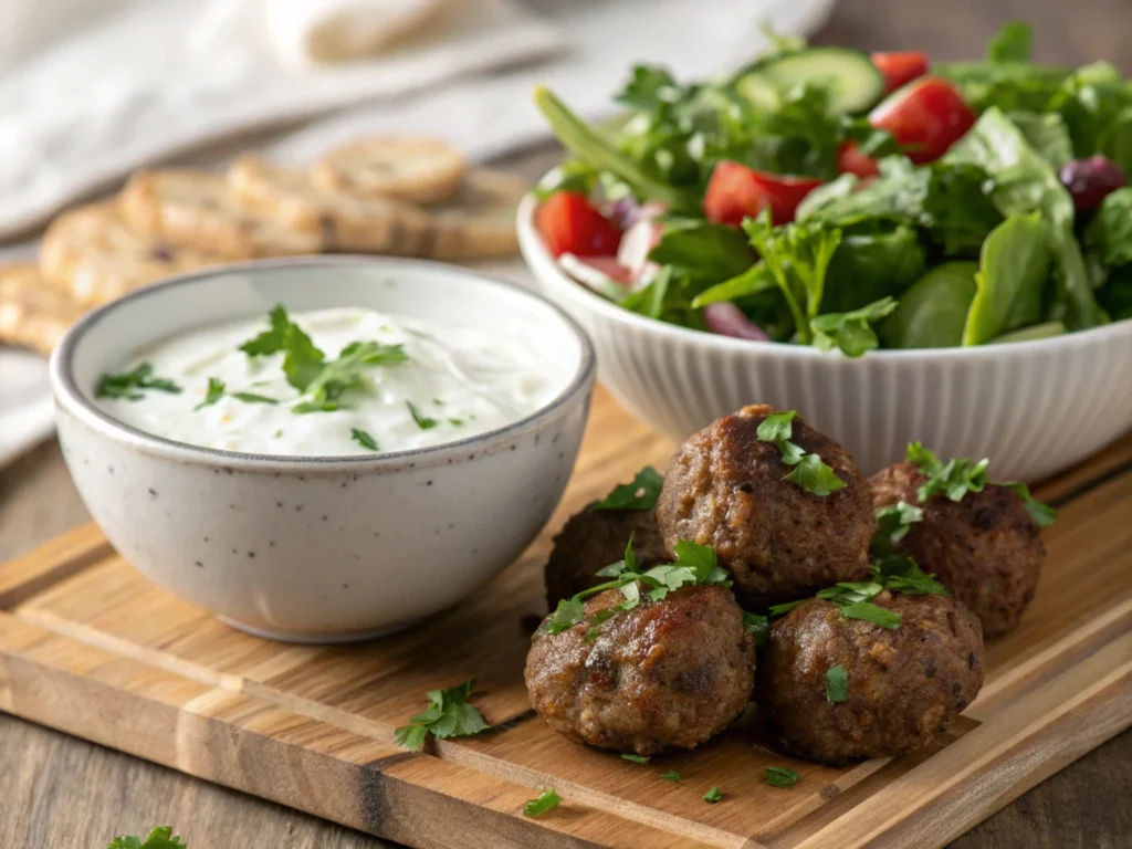 Kefta meatballs with salad and yogurt dip