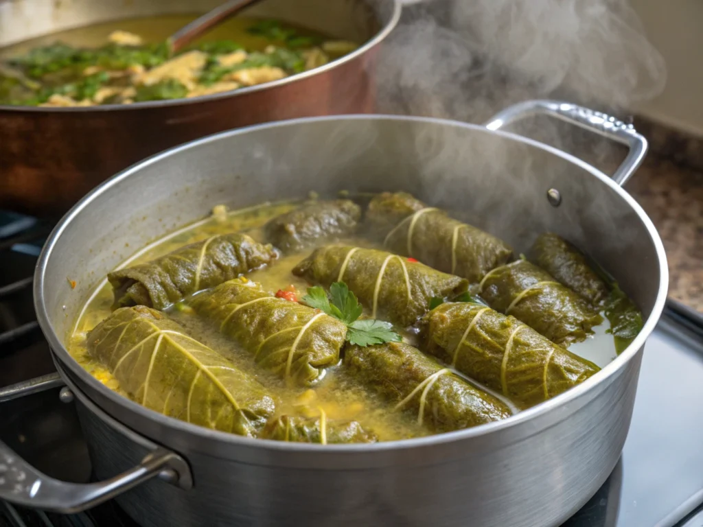 Koupepia mijotant dans une marmite avec un bouillon à l'huile d'olive et au citron