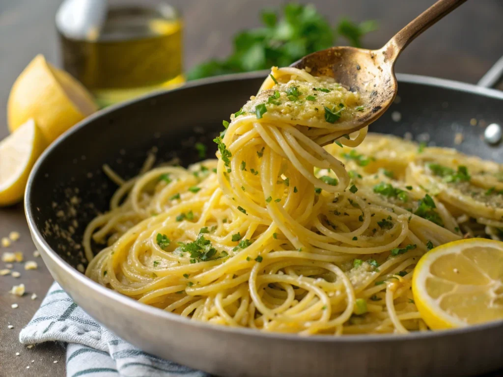 Préparation des Pâtes au citron garnies de persil et de zestes de citron