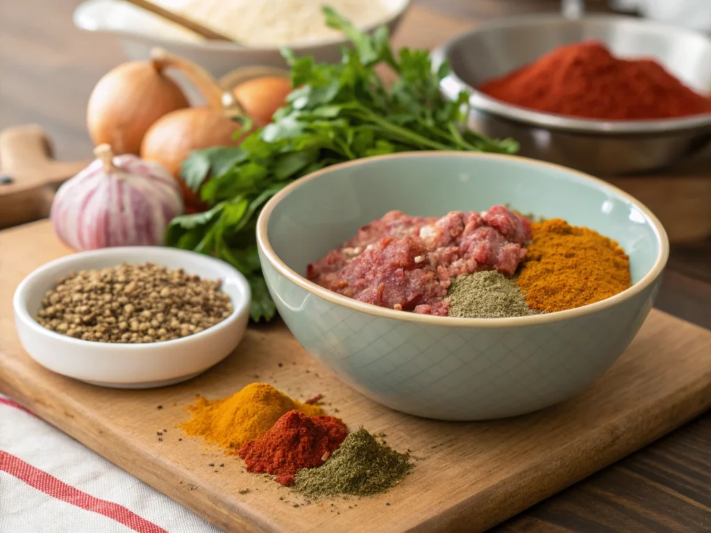 Spices for kefta recipe with raw ingredients