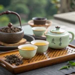 Traditional Chinese tea setting with teapot and small cups