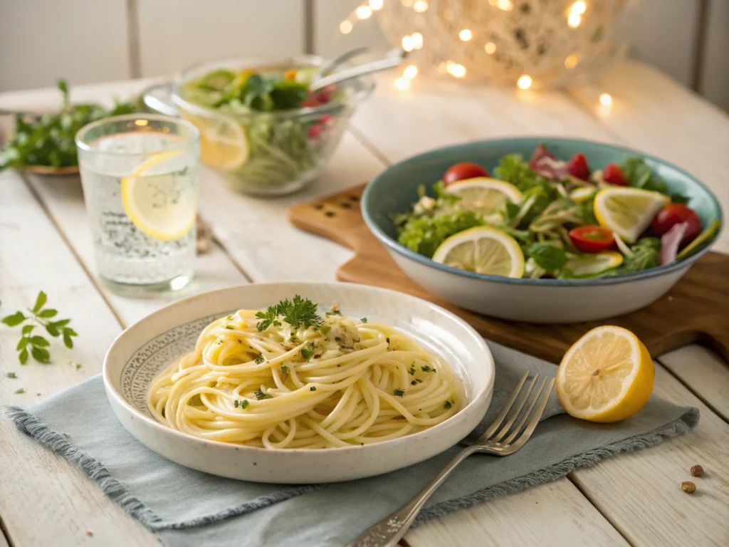 Pâtes au citron avec salade variée garnies de persil et de zestes de citron